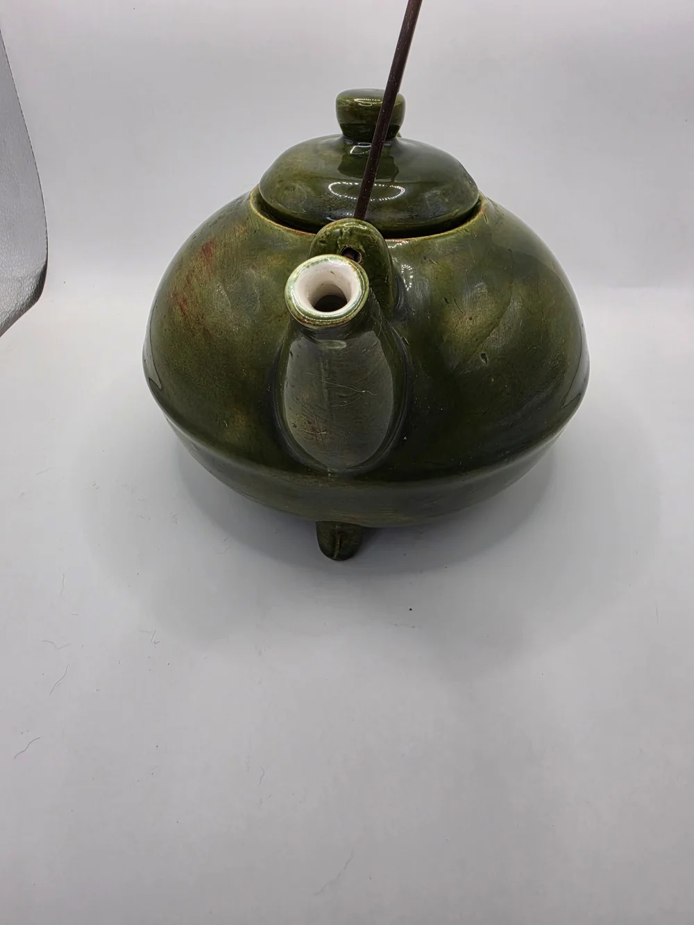 Vintage 1960s Glazed Ceramic Stoneware Teapot in Olive Green with Coil Wire Hand